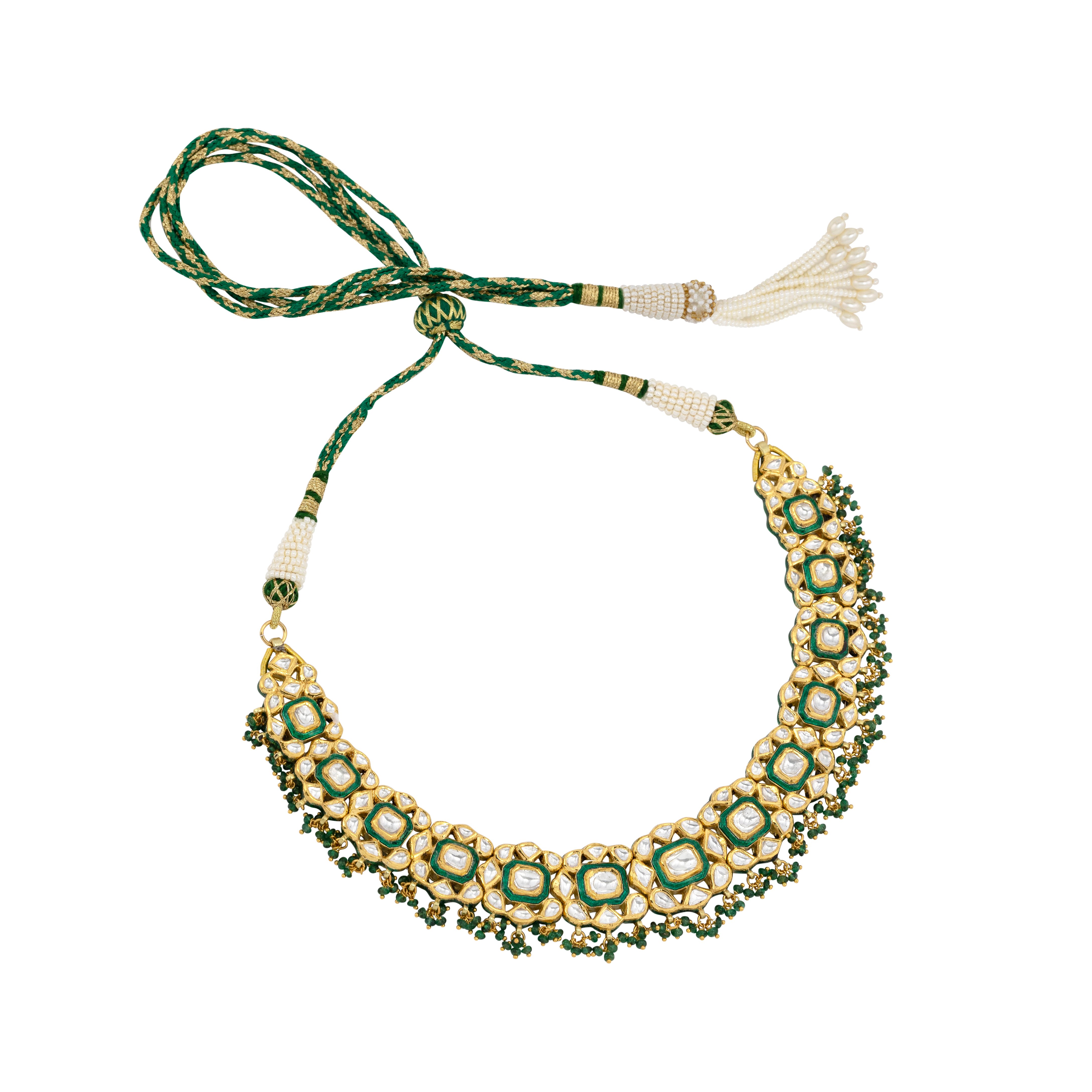 Green Enamel Polki Necklace with Emerald Beads
